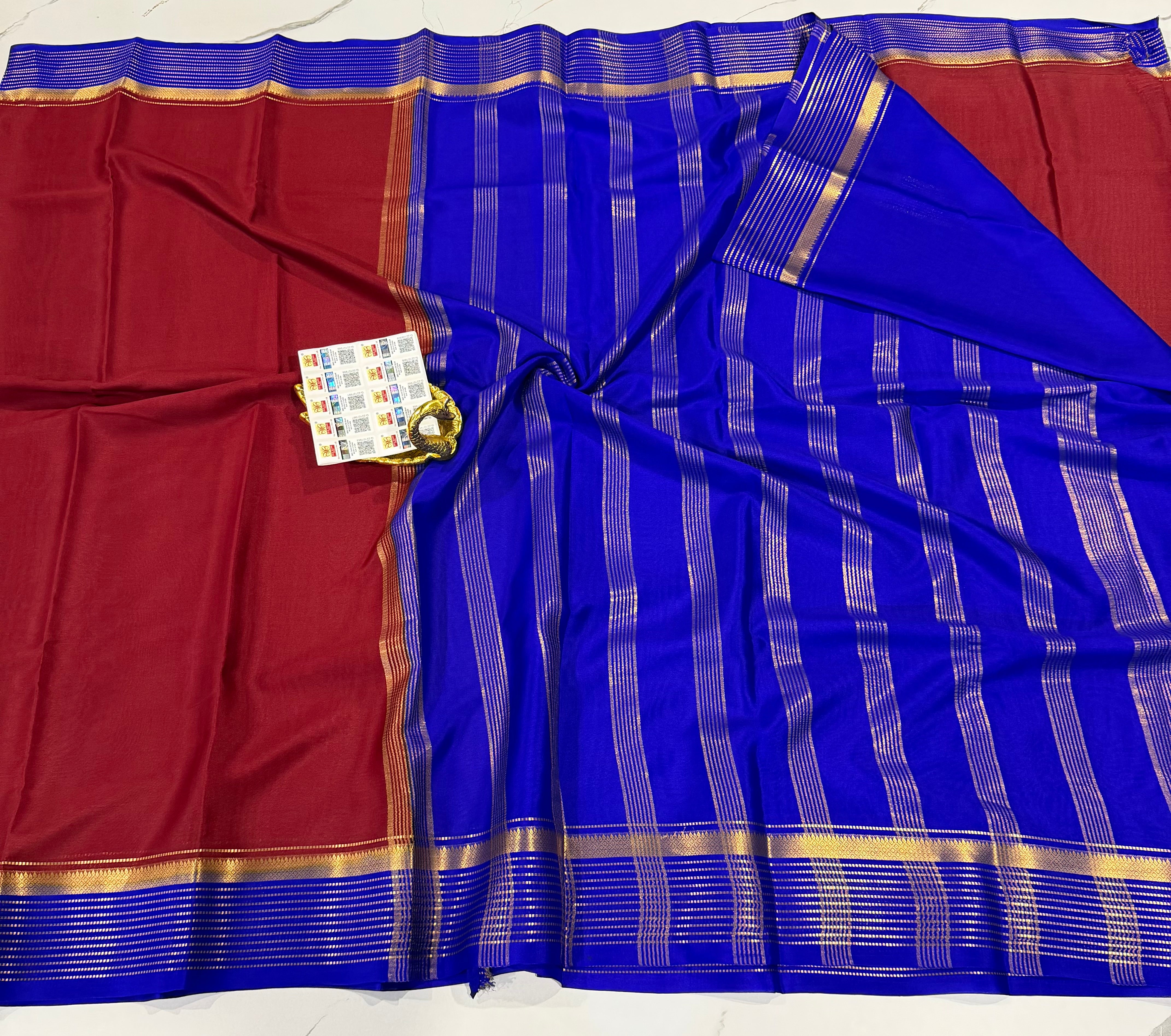 PM-5700 Brown and Dark Blue colour pure Mysore crepe silk saree