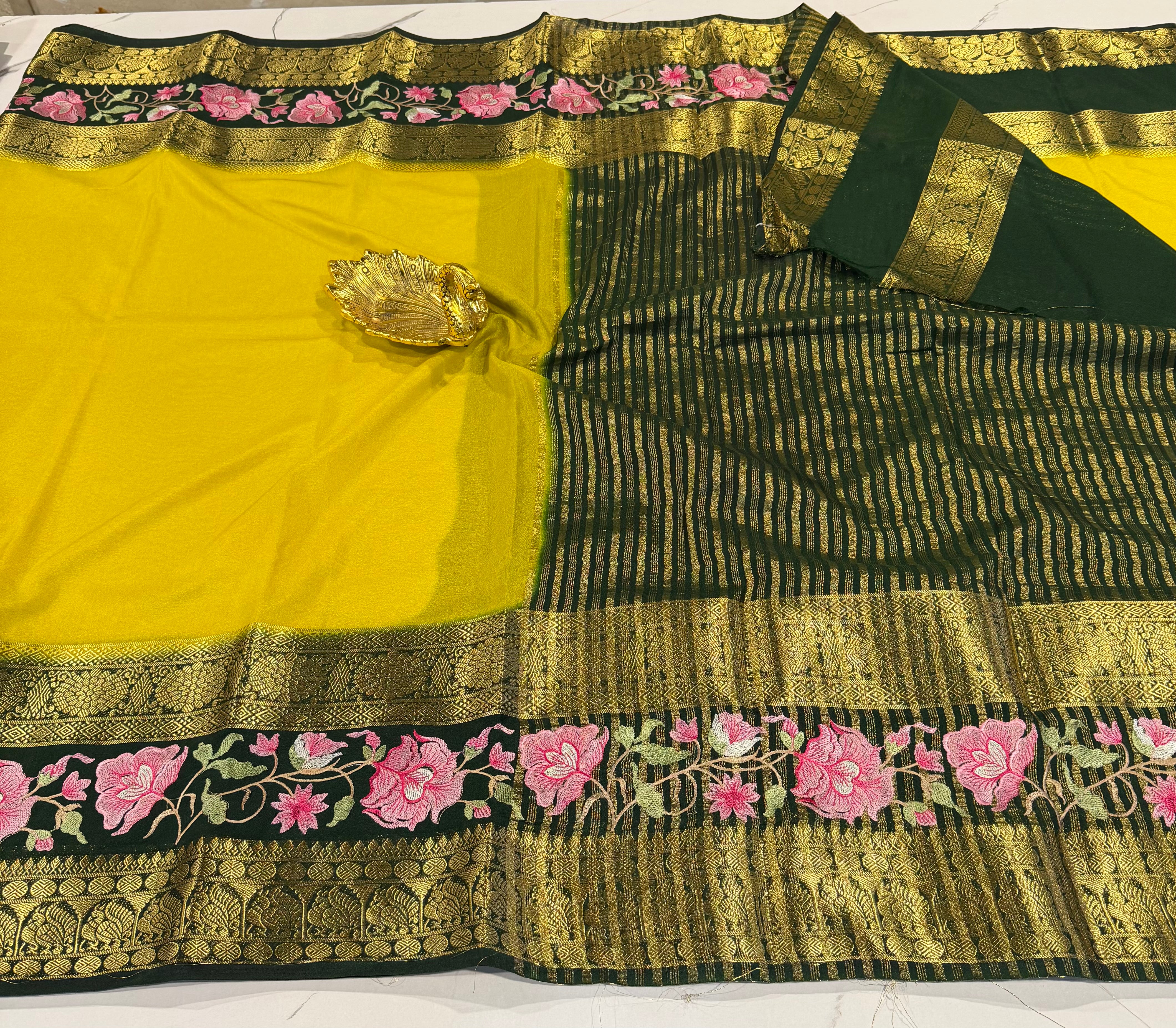LD-M2 semi Mysore sarees lemon yellow & green saree
