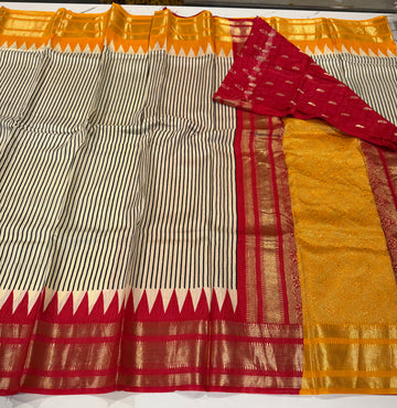 LD-M2650 Cream color with black stripes. yellow and red Brdrs Ganga Jamuna saree