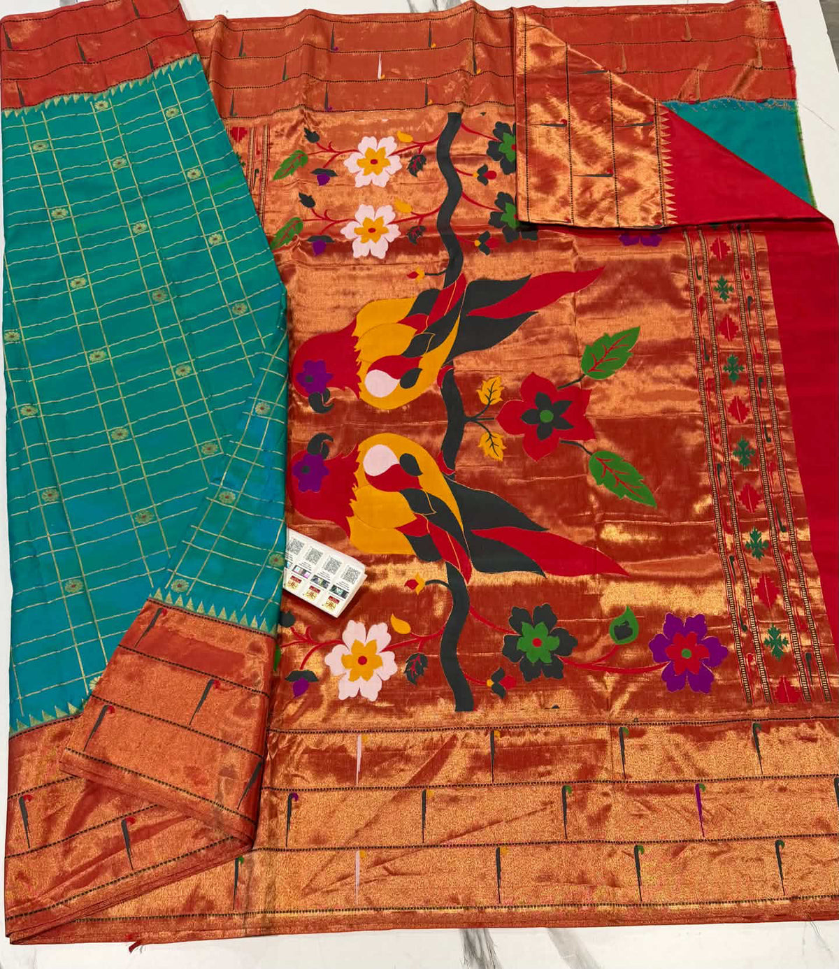 3CB-165 Rama green colour triple muniya Paithani saree