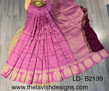 LD-B2199 Banaras crape sarees pink with weaving checks and megentha blouse