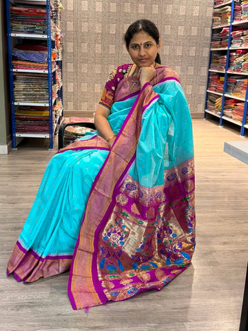 Narayanpet semi pattu saree  Ld-N9 skyblue n Magentha