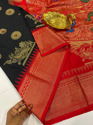 SN-35 Semi narayanpet black and red border saree