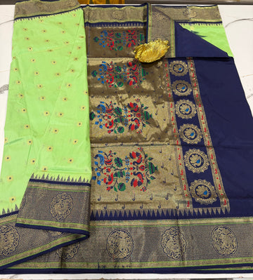 N4k pista green and navy blue border saree