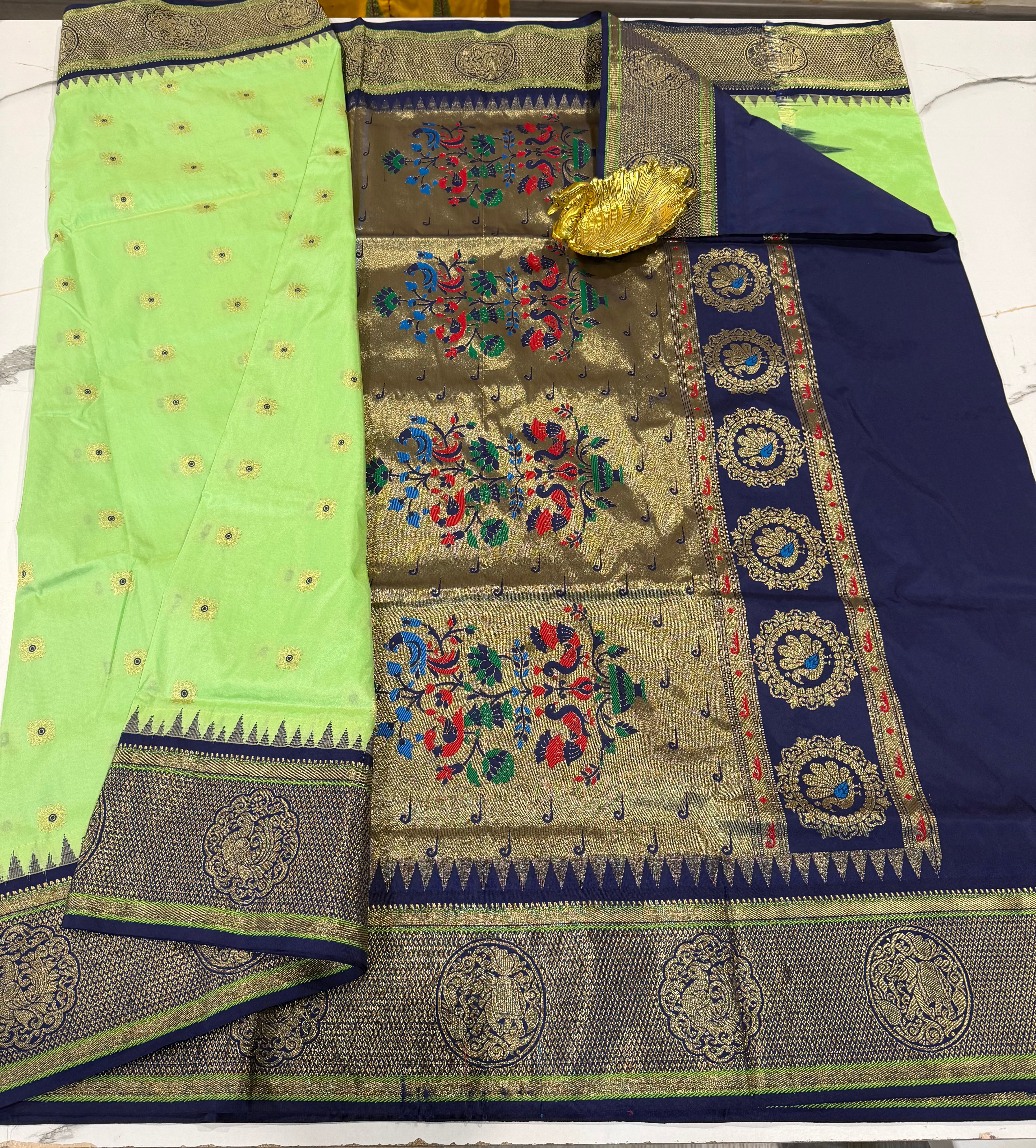 N4k pista green and navy blue border saree