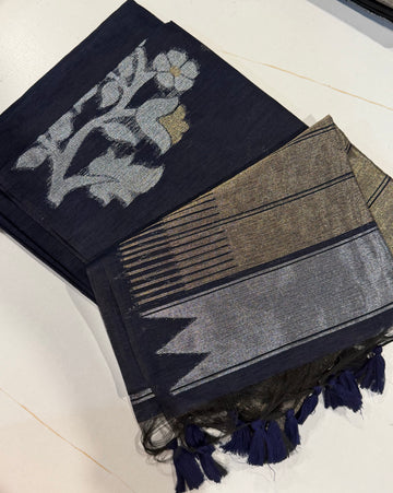 TL-1550 Navy Blue colour Linen jamdani floral saree