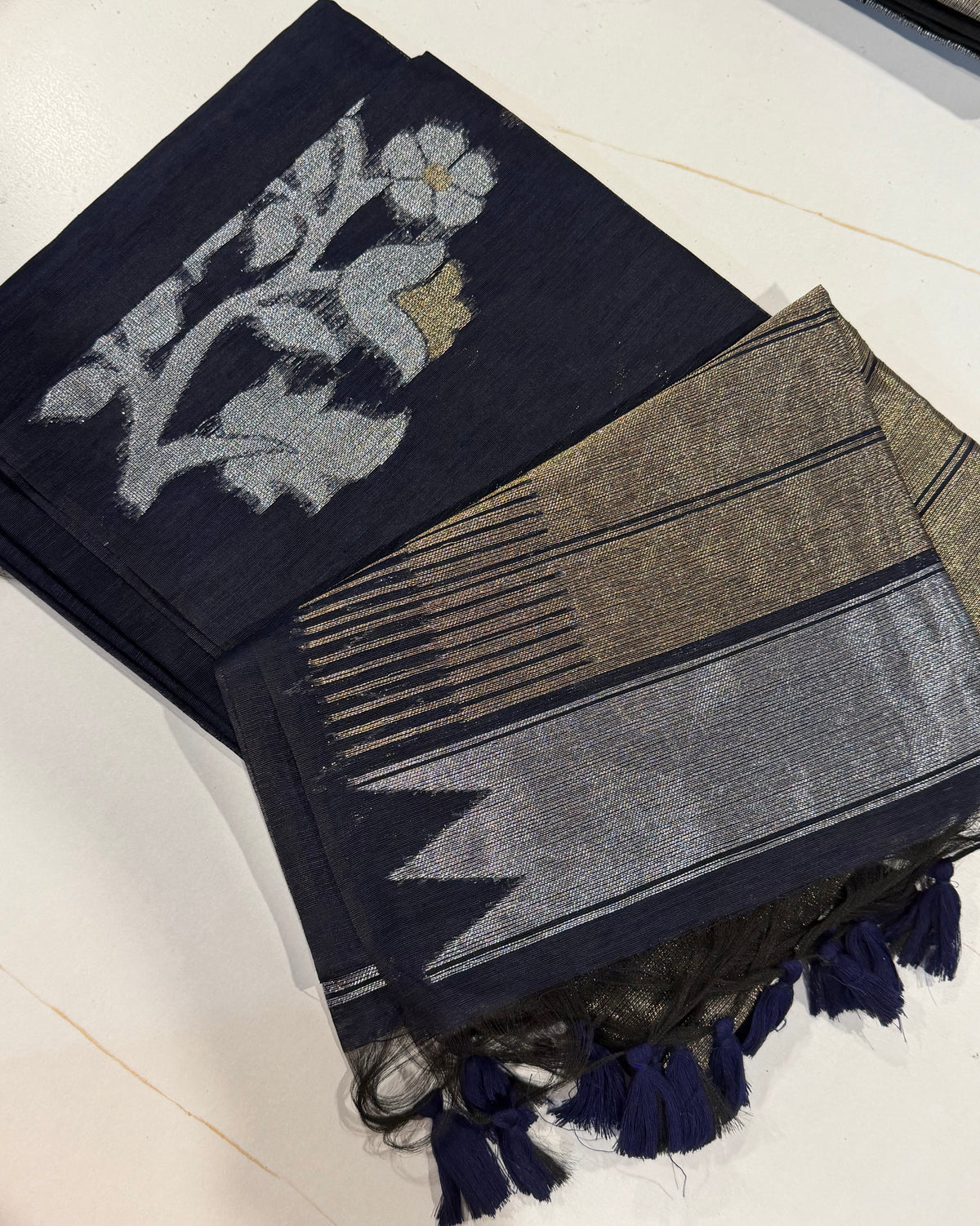 TL-1550 Navy Blue colour Linen jamdani floral saree
