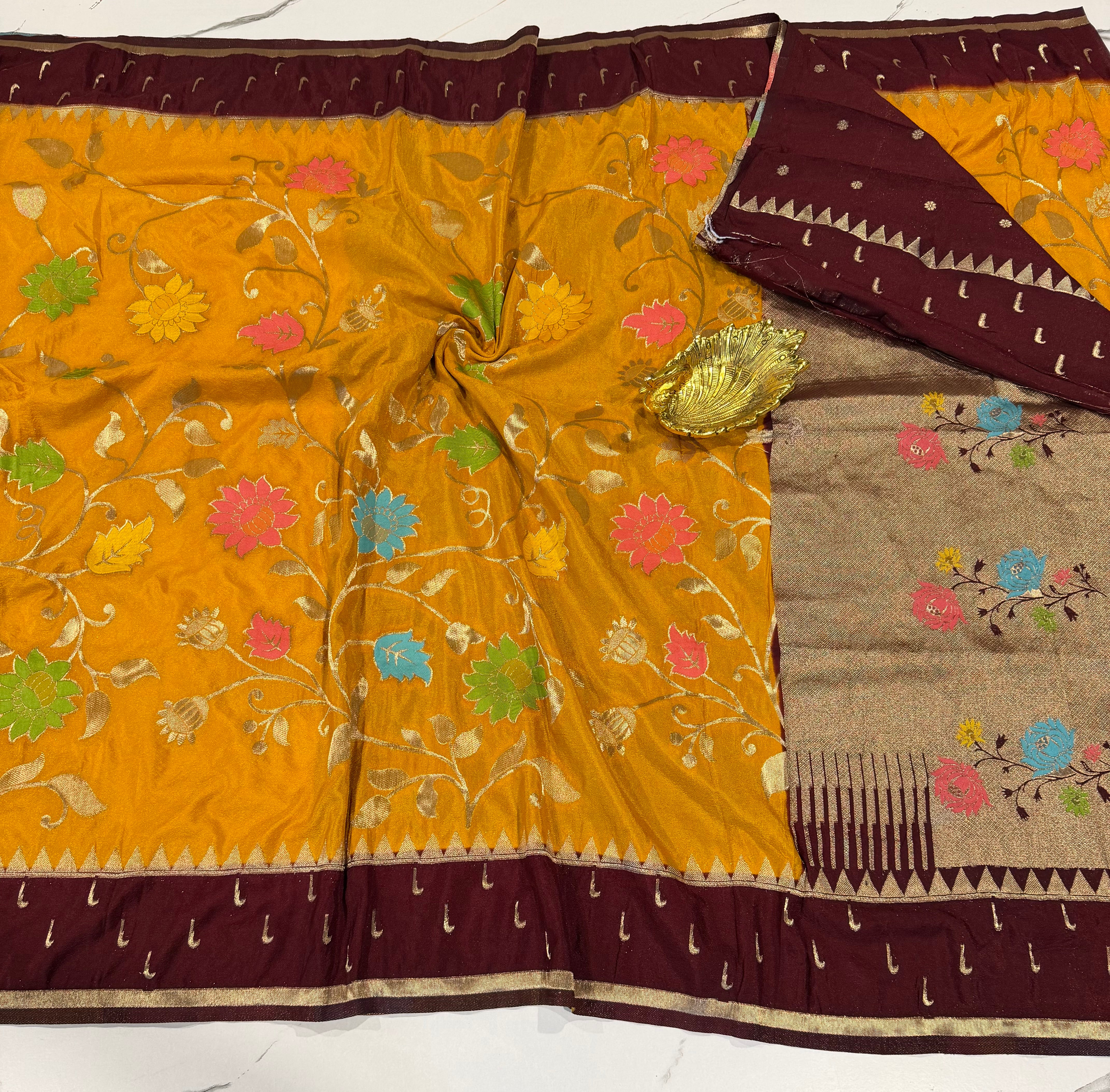 SMJ-1899 yellow and brown border semi Georgette jamdani saree