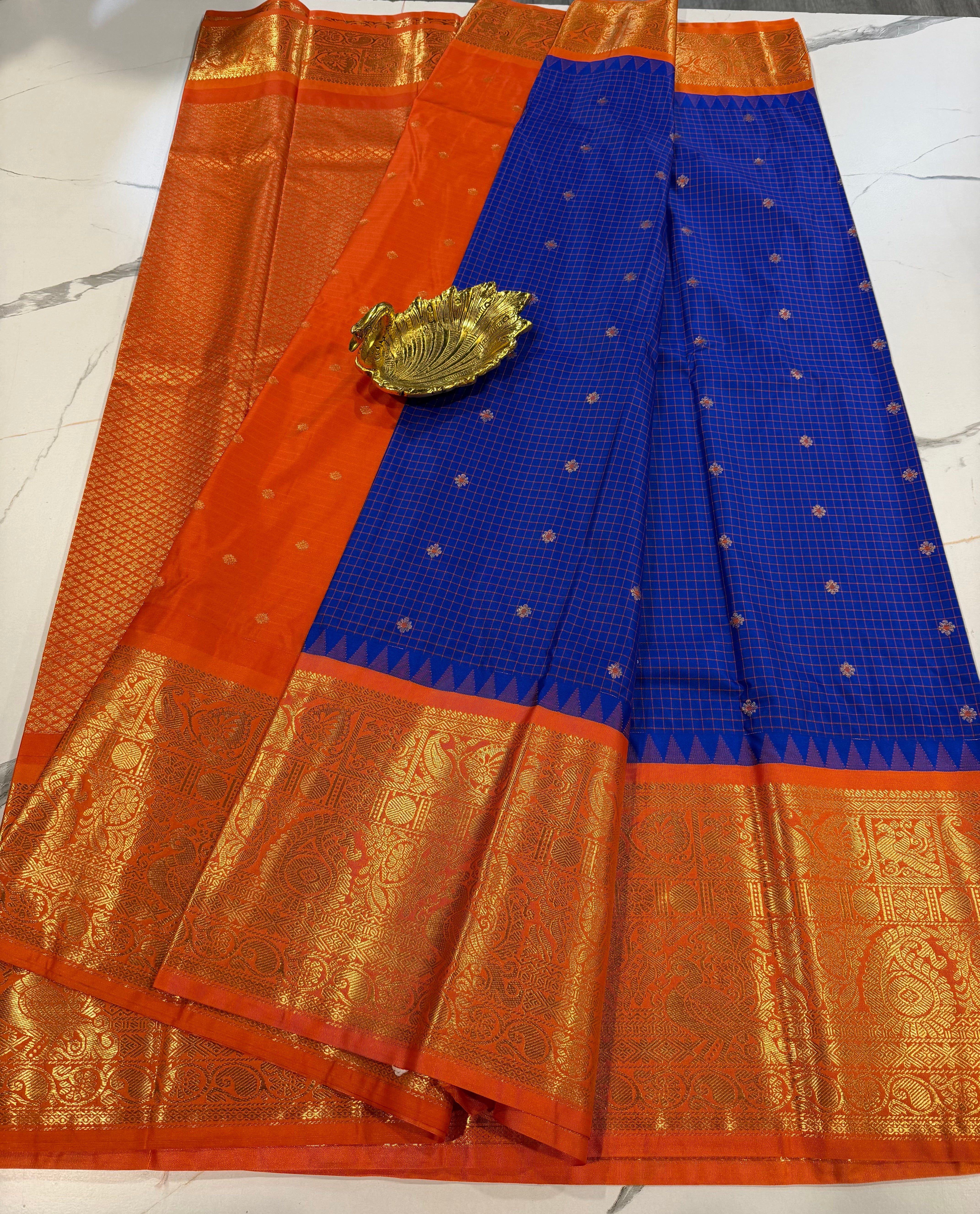 VG2 semi gadwal dark blue and orange border saree