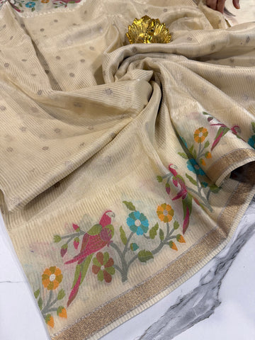 Bc-5100 cream Banaras kora saree