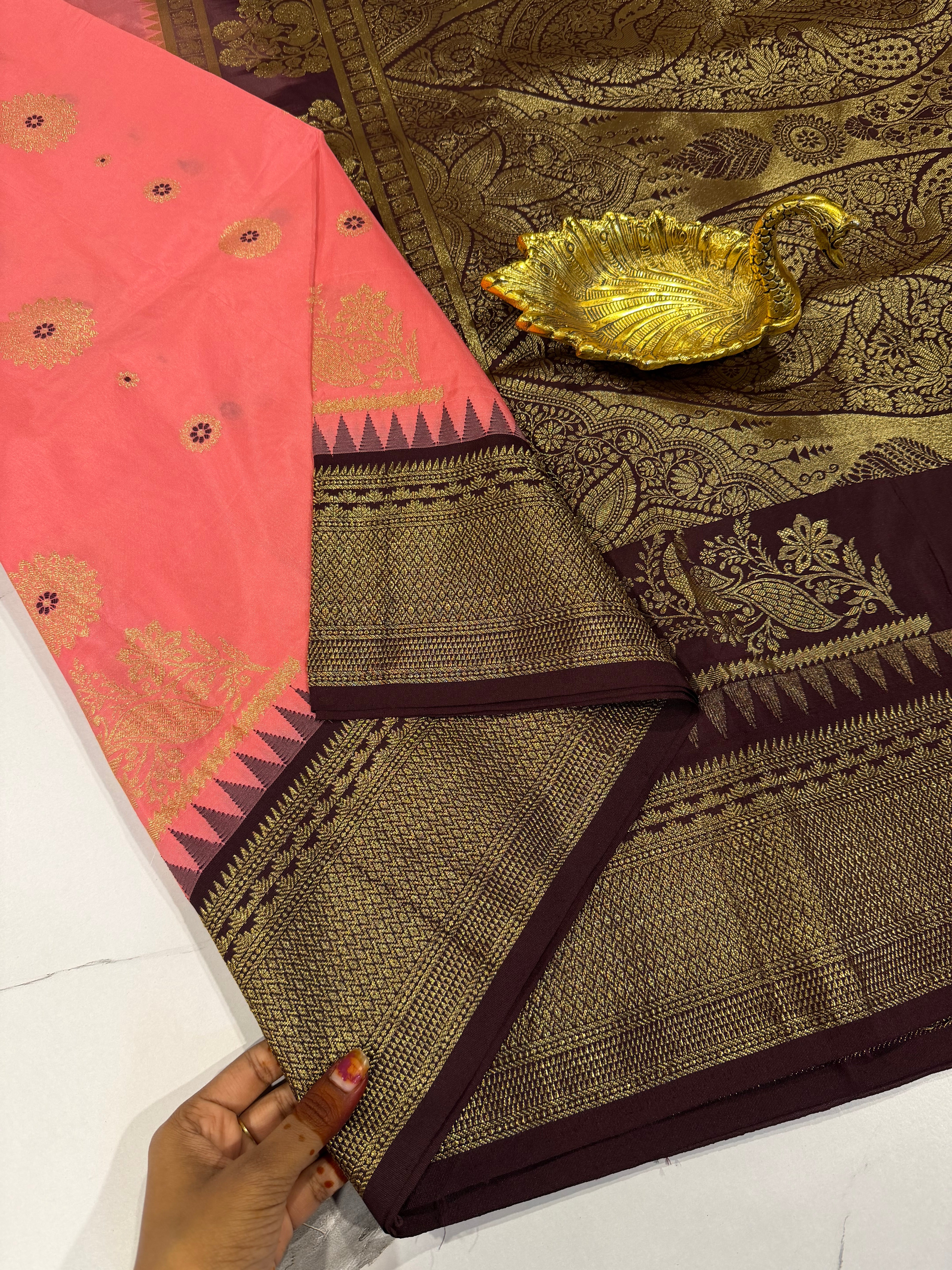 SN-35 Semi narayanpet baby pink and brown border saree