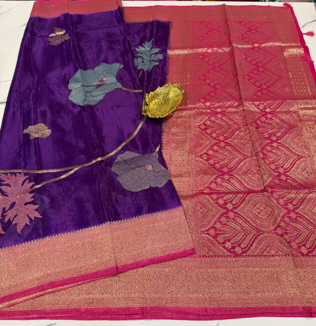 M-3300 purple n pink  Banaras crep allover weaving motifs saree