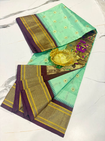 LD-N9 seegreen n brown saree Narayanapet semi pattu ckakra butta