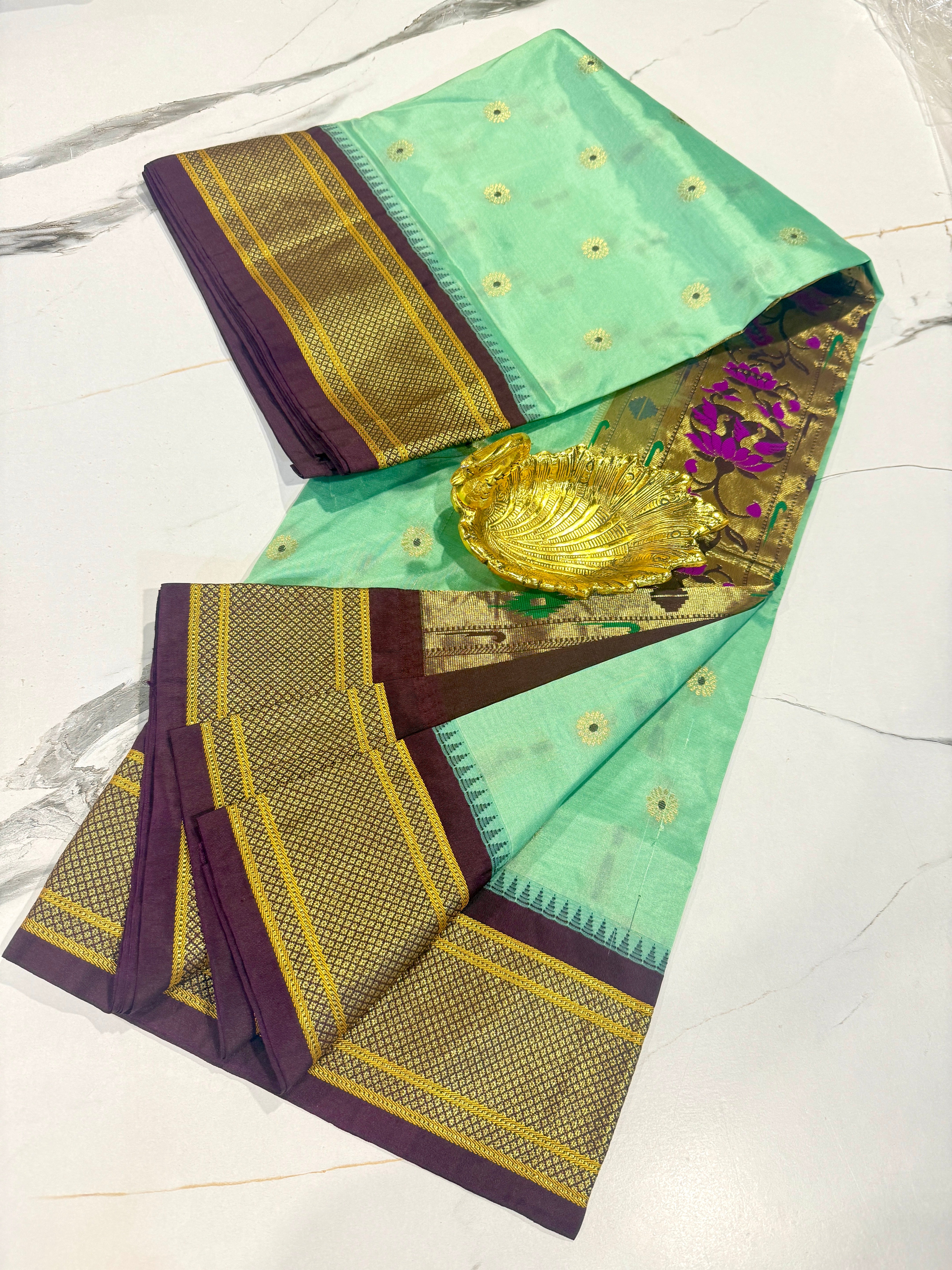 LD-N9 seegreen n brown saree Narayanapet semi pattu ckakra butta