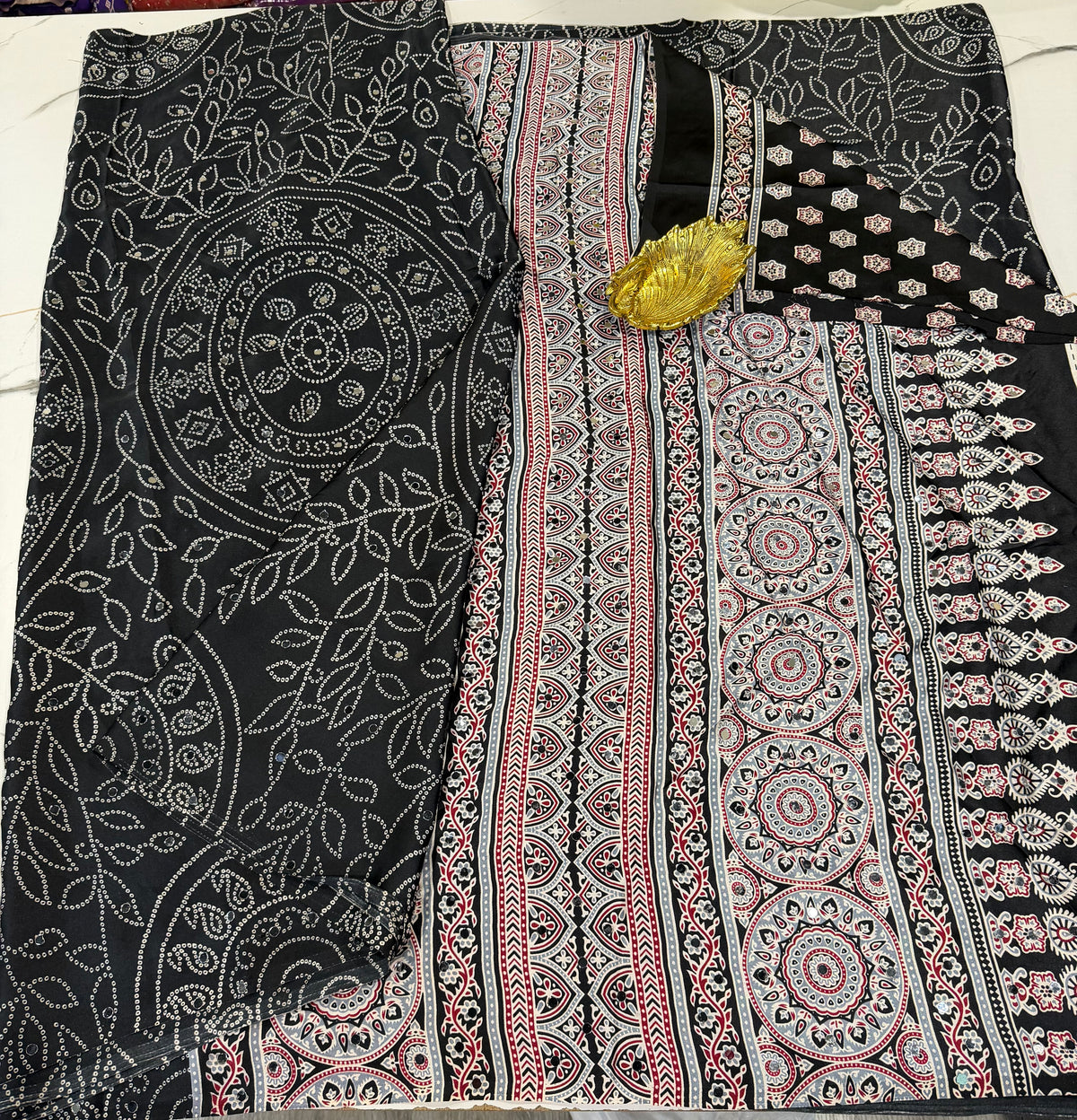 AM-950 Black Ajrak mirrors saree