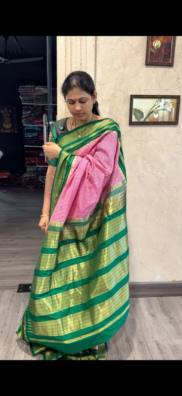 LD-N22 Narayanpet Checks Semi pink n white with green border
