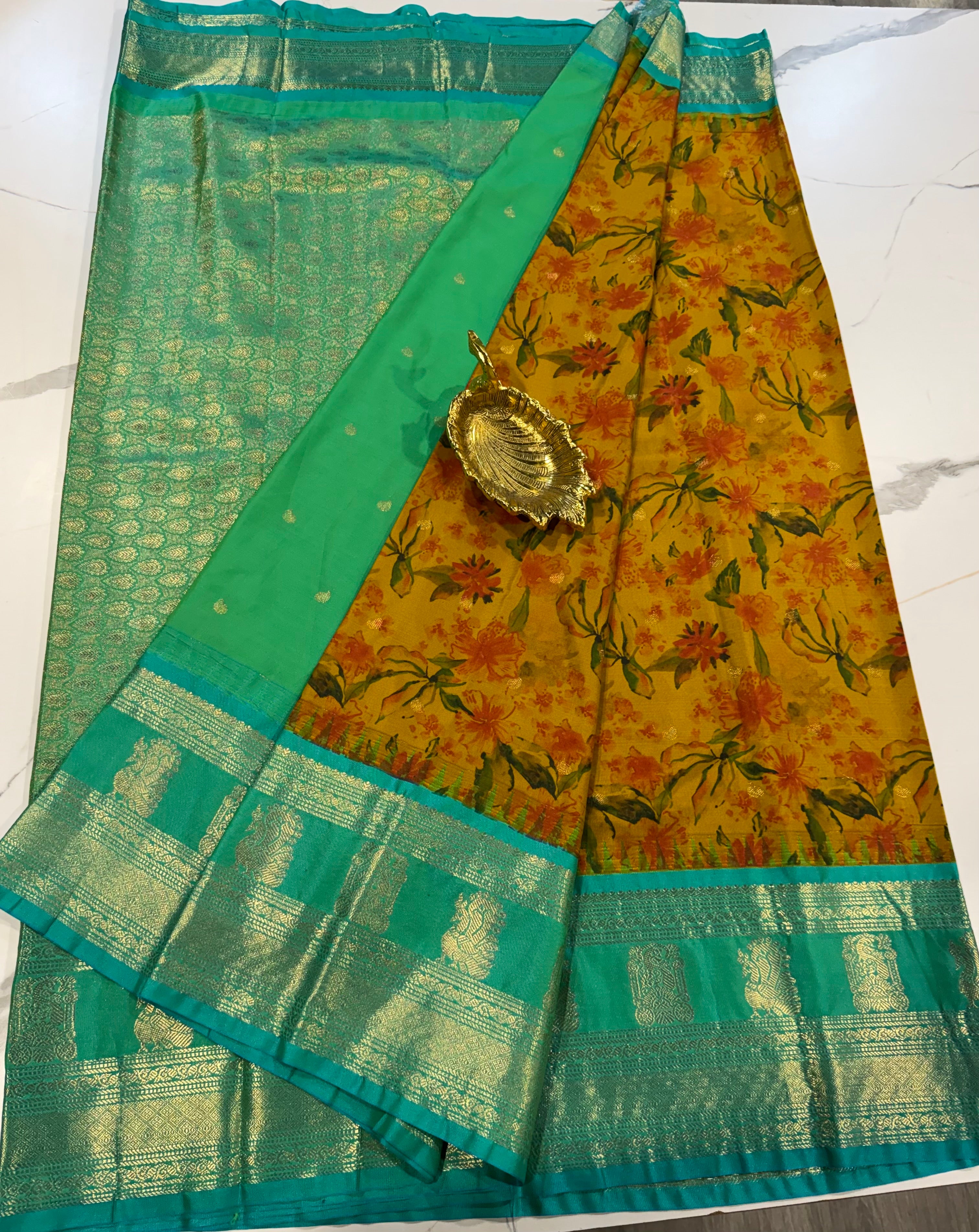 SGK-2997 Mustered n Rama gadwal Kalamkari saree