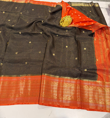VKC2149BB- black n orange saree with blouse Vintage Kanchi Brdr saree