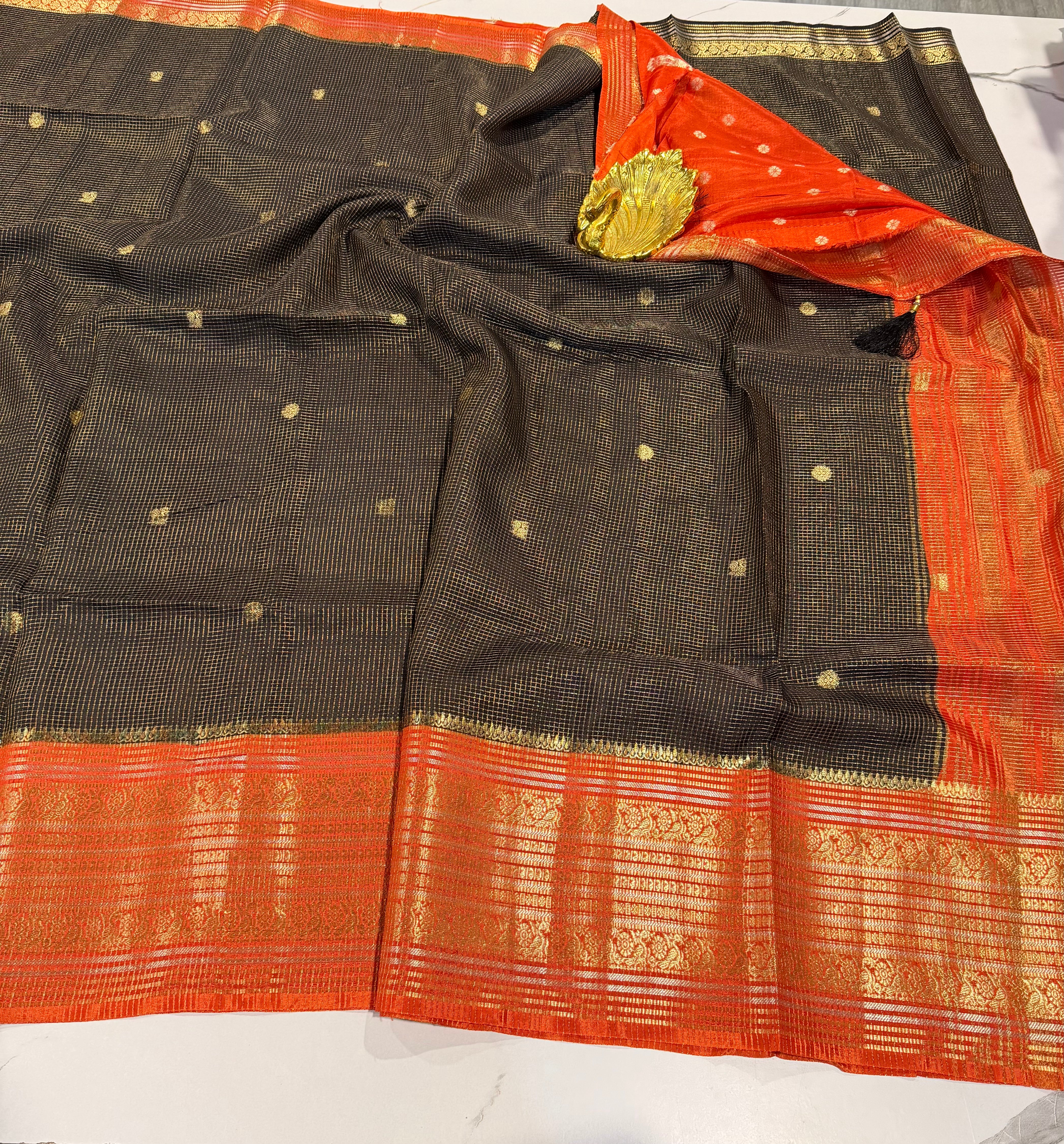 VKC2149BB- black n orange saree with blouse Vintage Kanchi Brdr saree