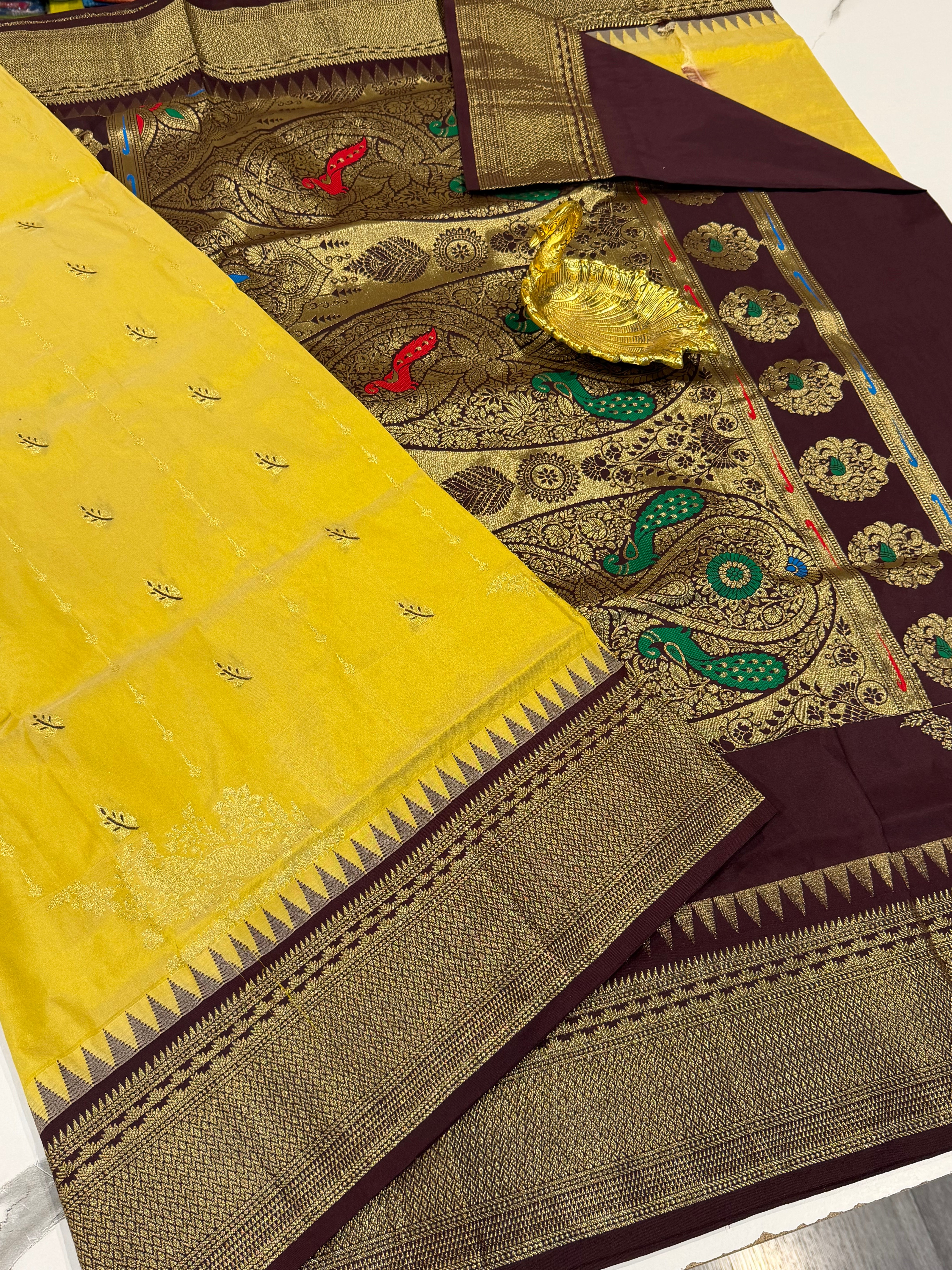LD-NL35 semi narayanpet pattu mustard yellow and brown border saree