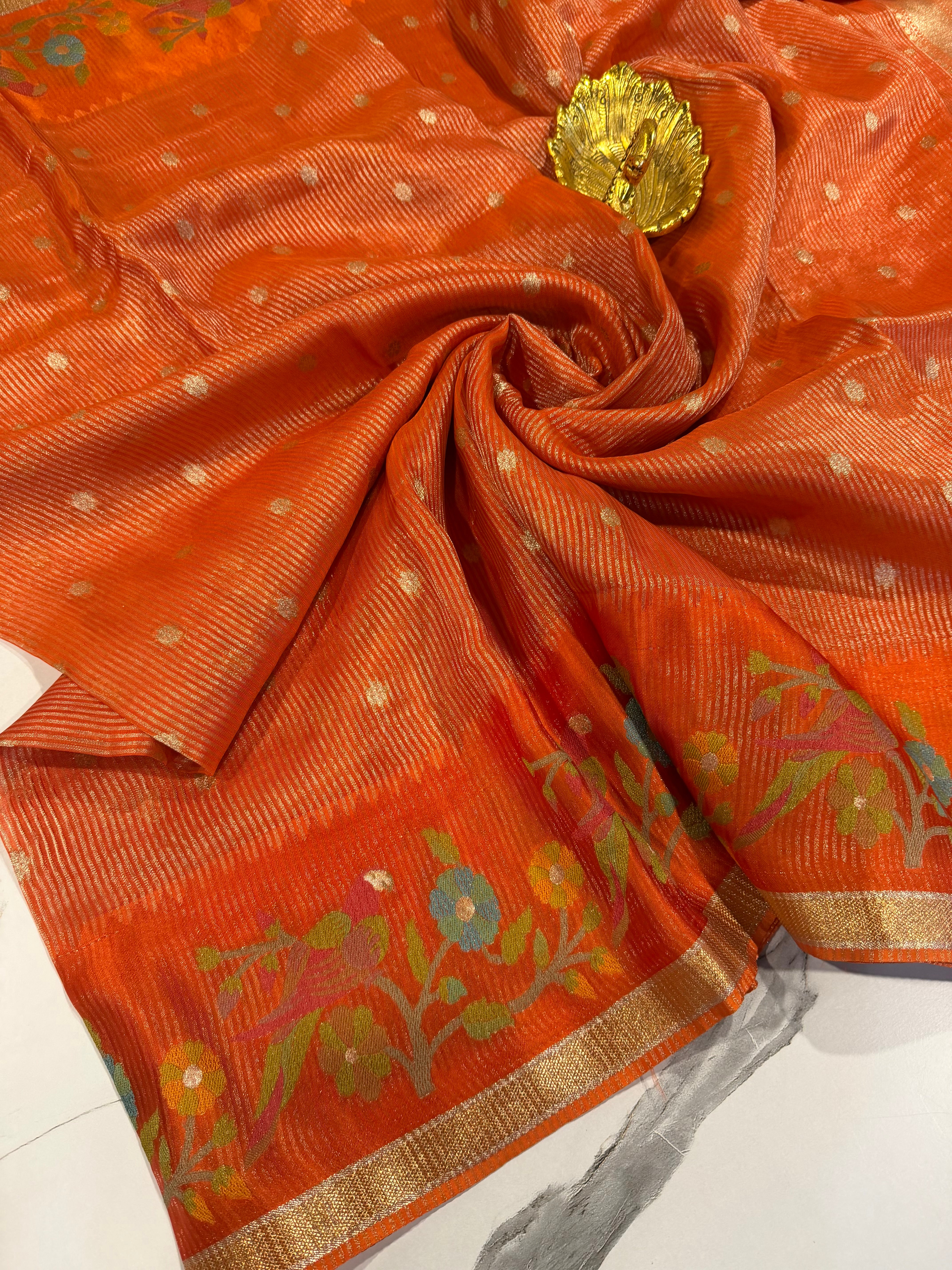 Bc-5100 orange Banaras kora saree