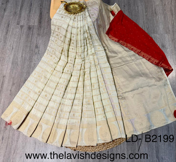 LD-B2199 Banaras crape sarees wight with weaving checks and red blouse