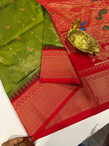 LD-NL35 semi narayanpet pattu pesara green and red border saree
