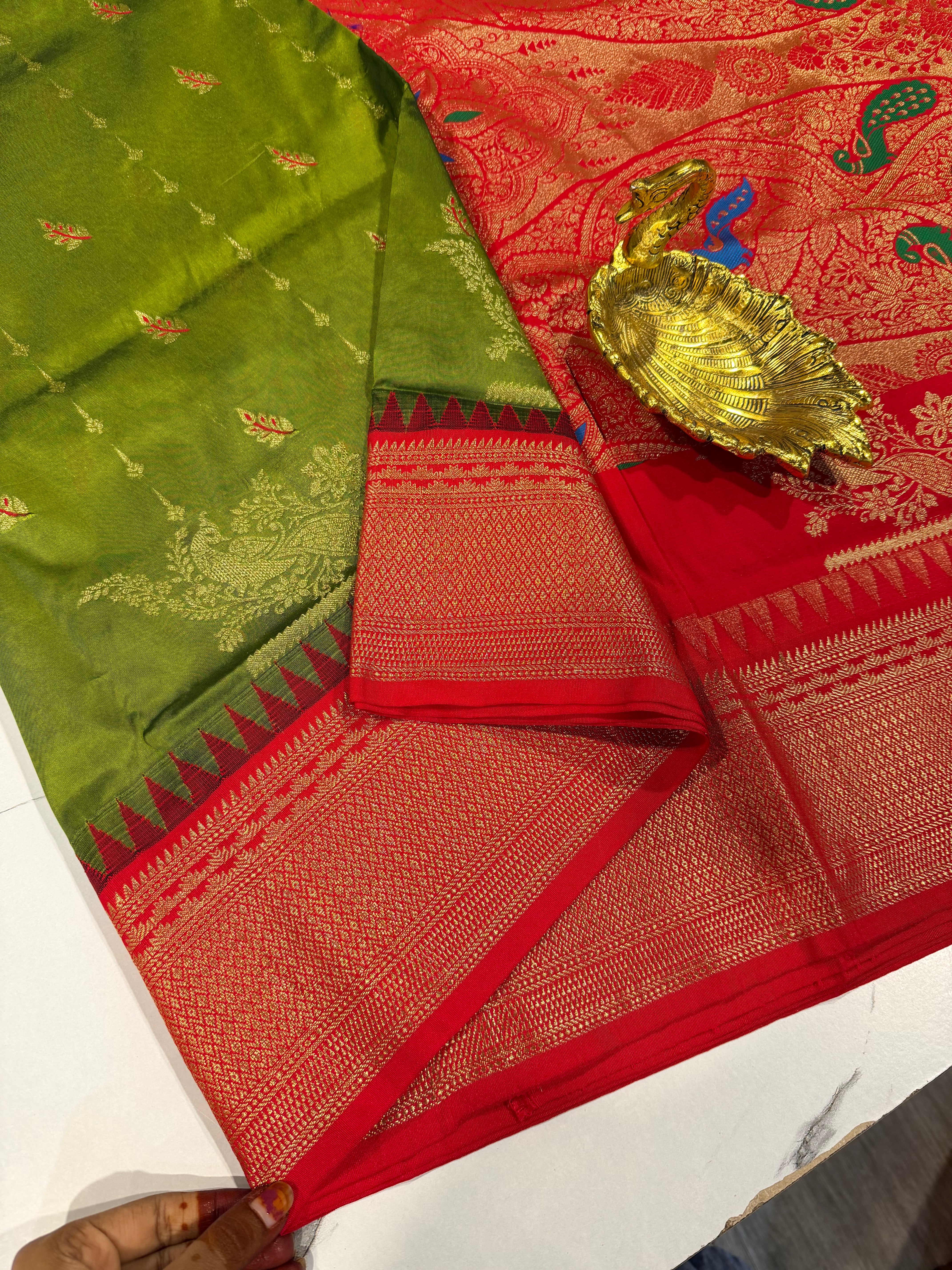 LD-NL35 semi narayanpet pattu pesara green and red border saree
