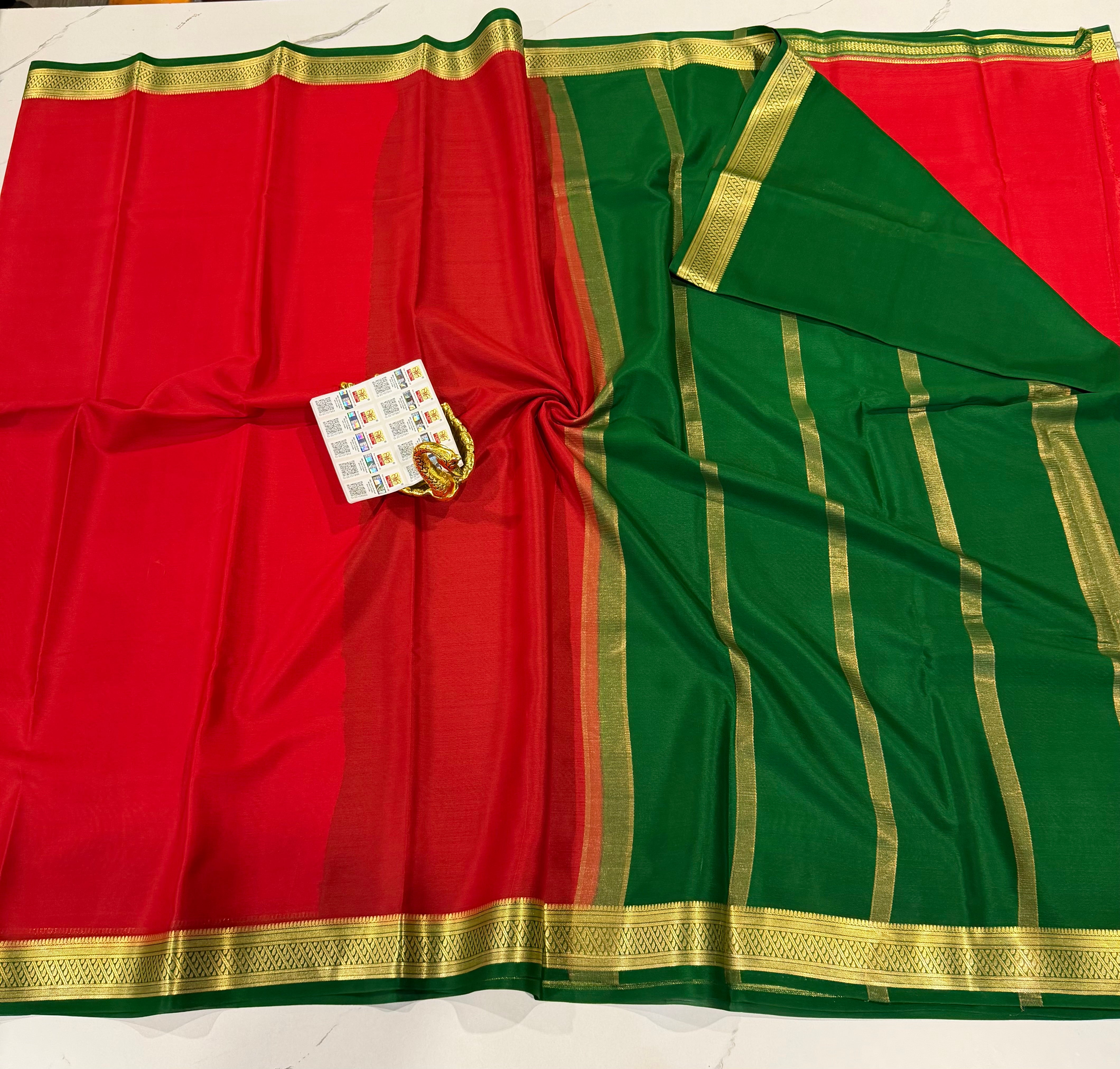 PM- 5700 red and green border Mysore crepe silk saree
