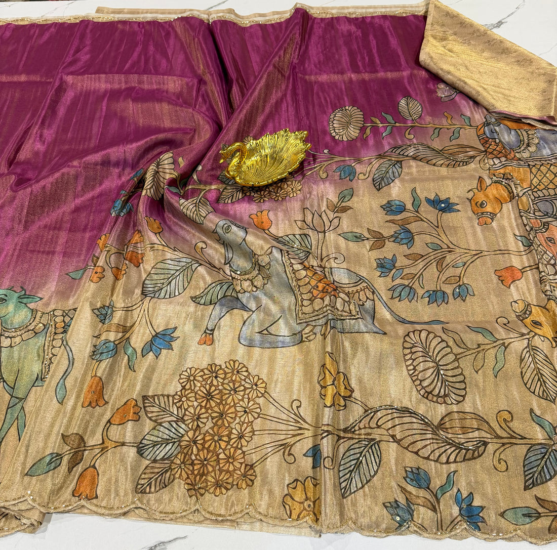 LD-T24 fancy 1gm tissue Kalamkari maggam work style saree pink colour saree