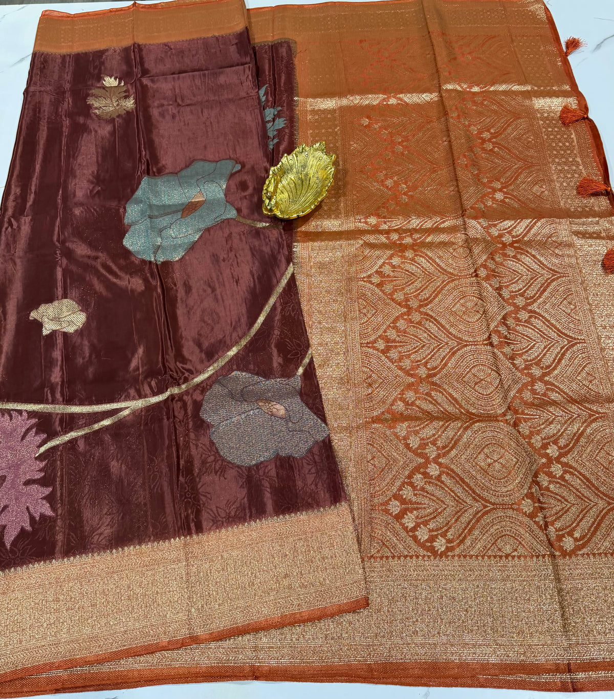 M-3300 brown n Rust Banaras crep allover weaving motifs saree