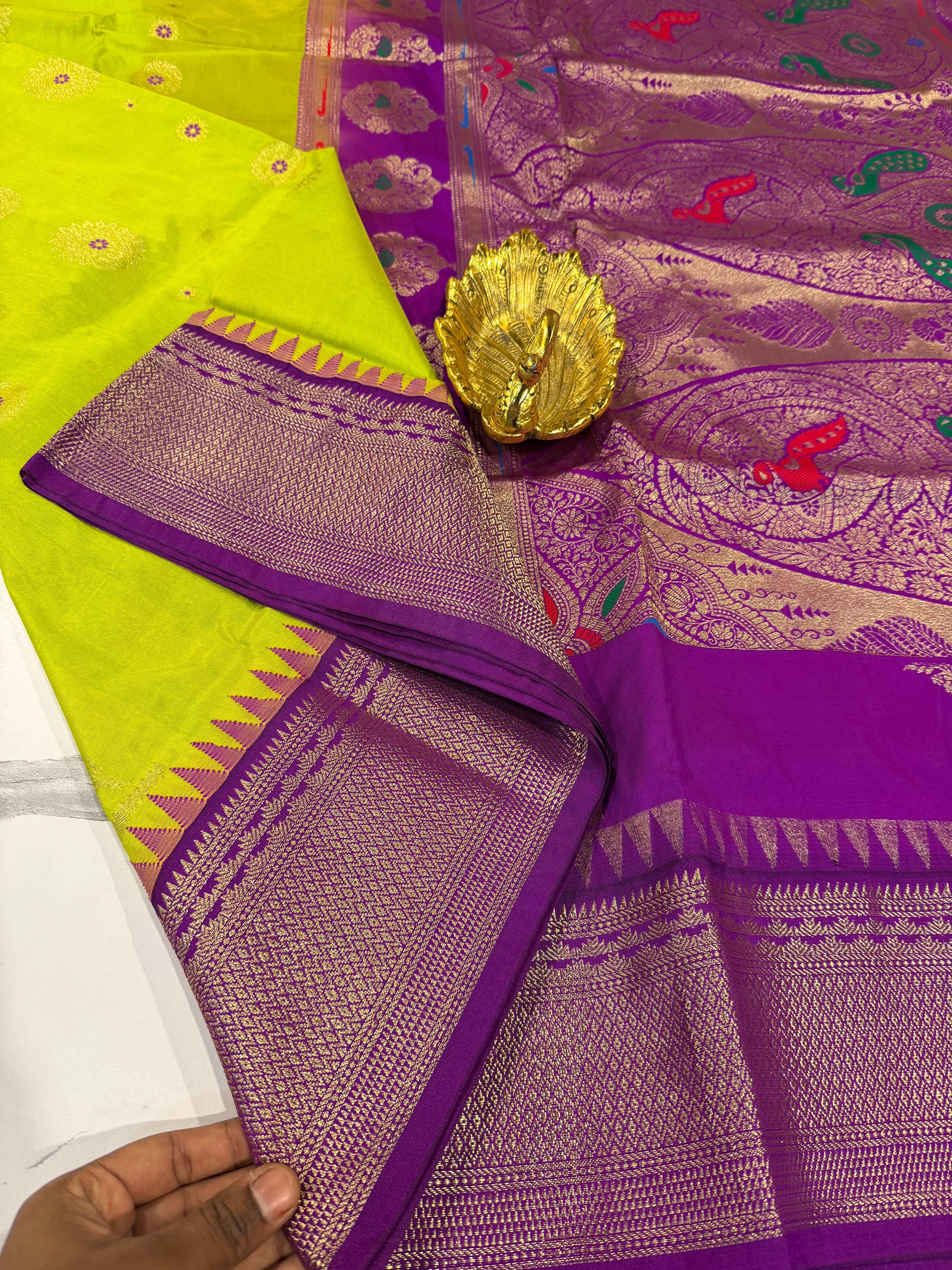 SN-35 Semi narayanpet lime green and purple border saree