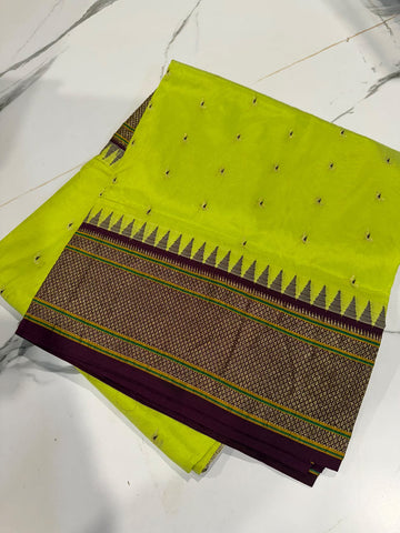 LD-N9 narayanapeta semi Pattu lime green and chocolate brown border muniya butta saree