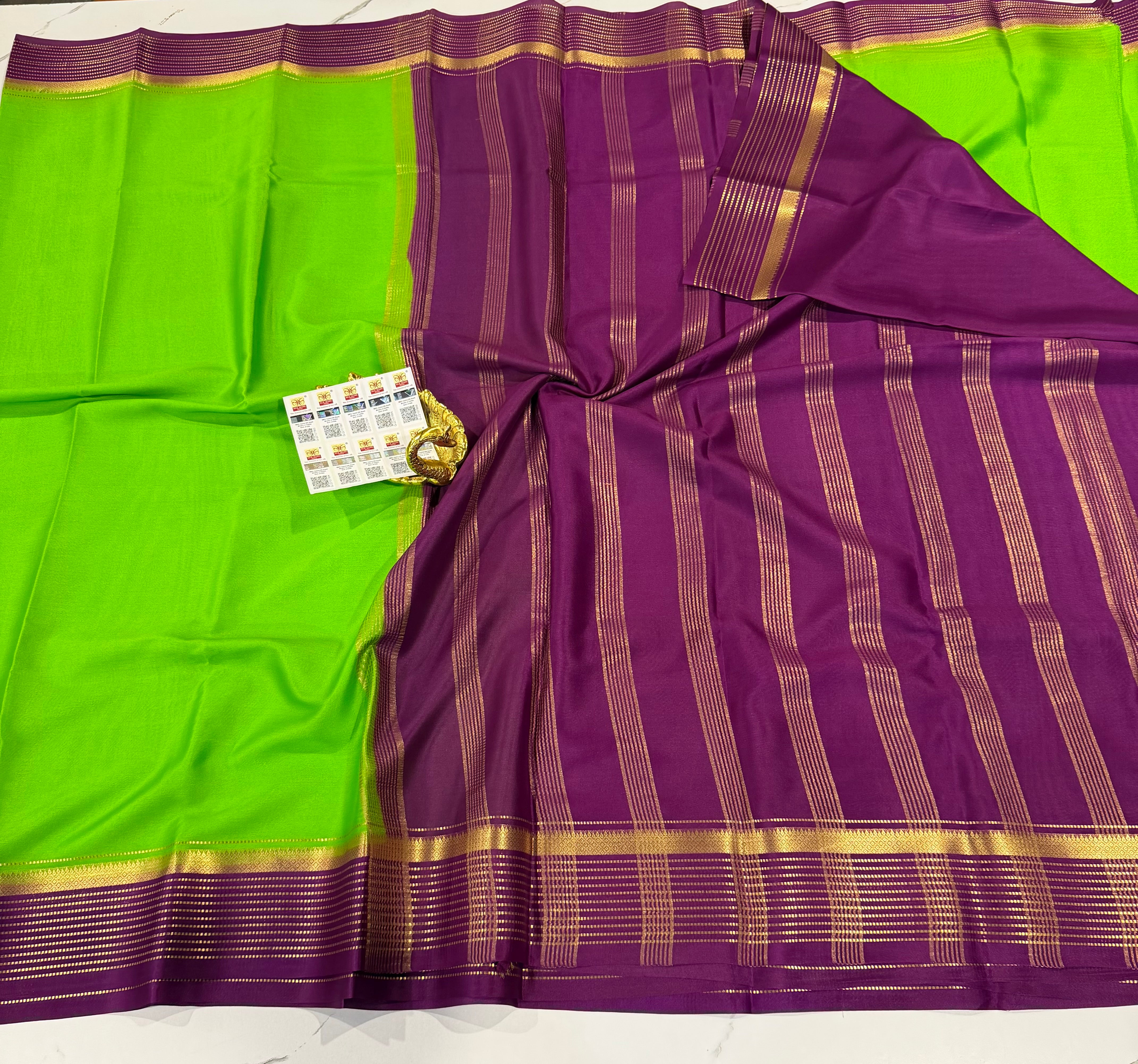 PM-5700 Light green and Purple colour border Mysore crepe silk saree