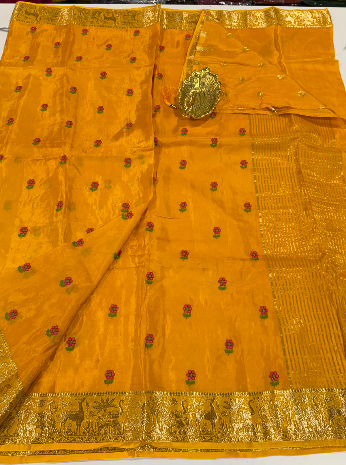 M-3300 yellow  Mysore viscous crepe Pettit embroidery saree