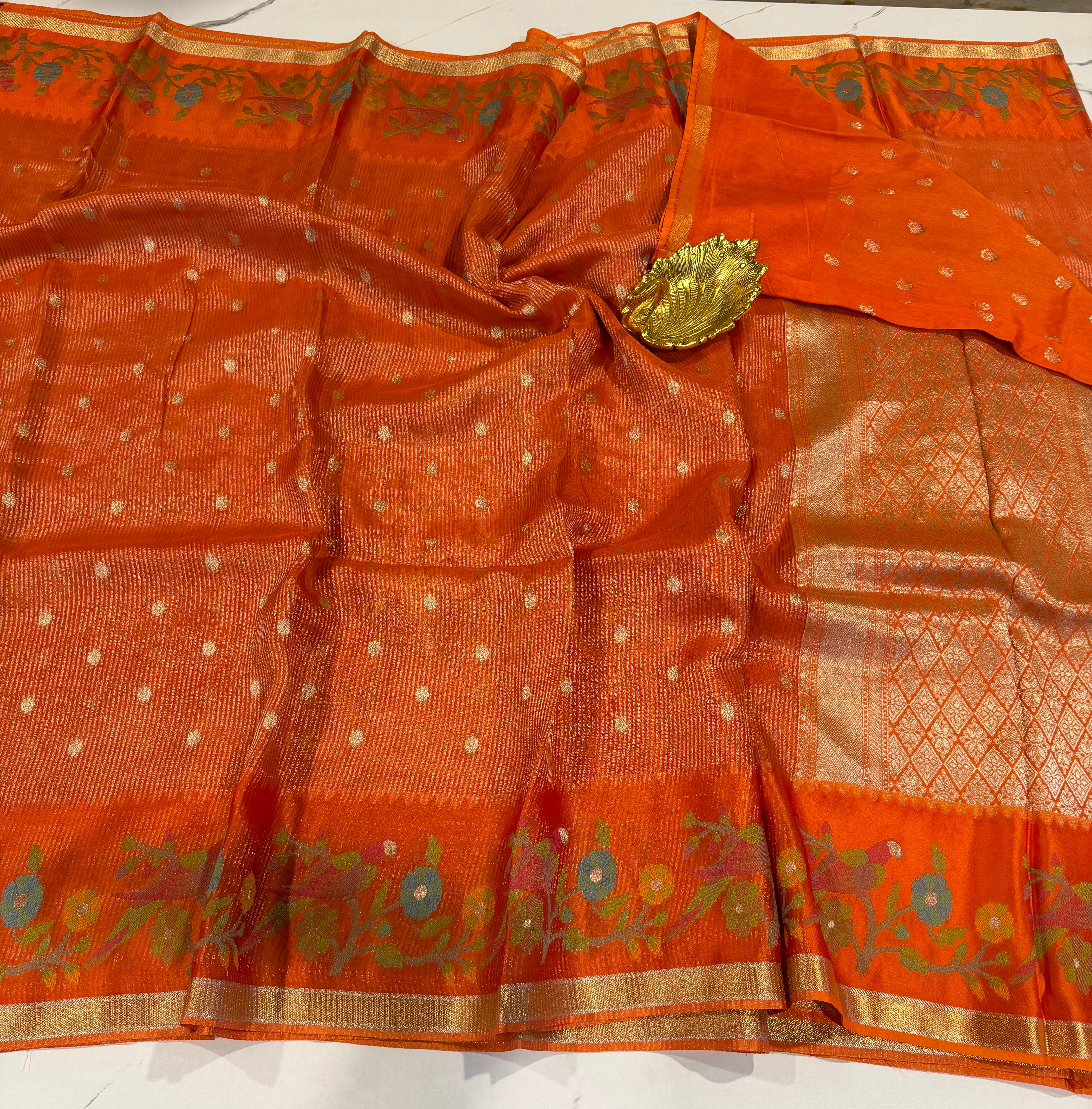 Bc-5100 orange Banaras kora saree