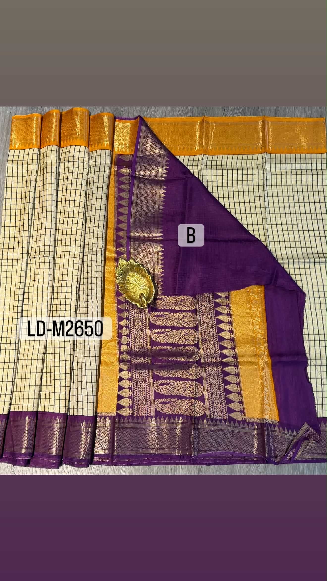 LD-M2650 cream checks Magentha n yellow  ganaga Jamuna saree