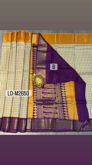 LD-M2650 cream checks Magentha n yellow  ganaga Jamuna saree