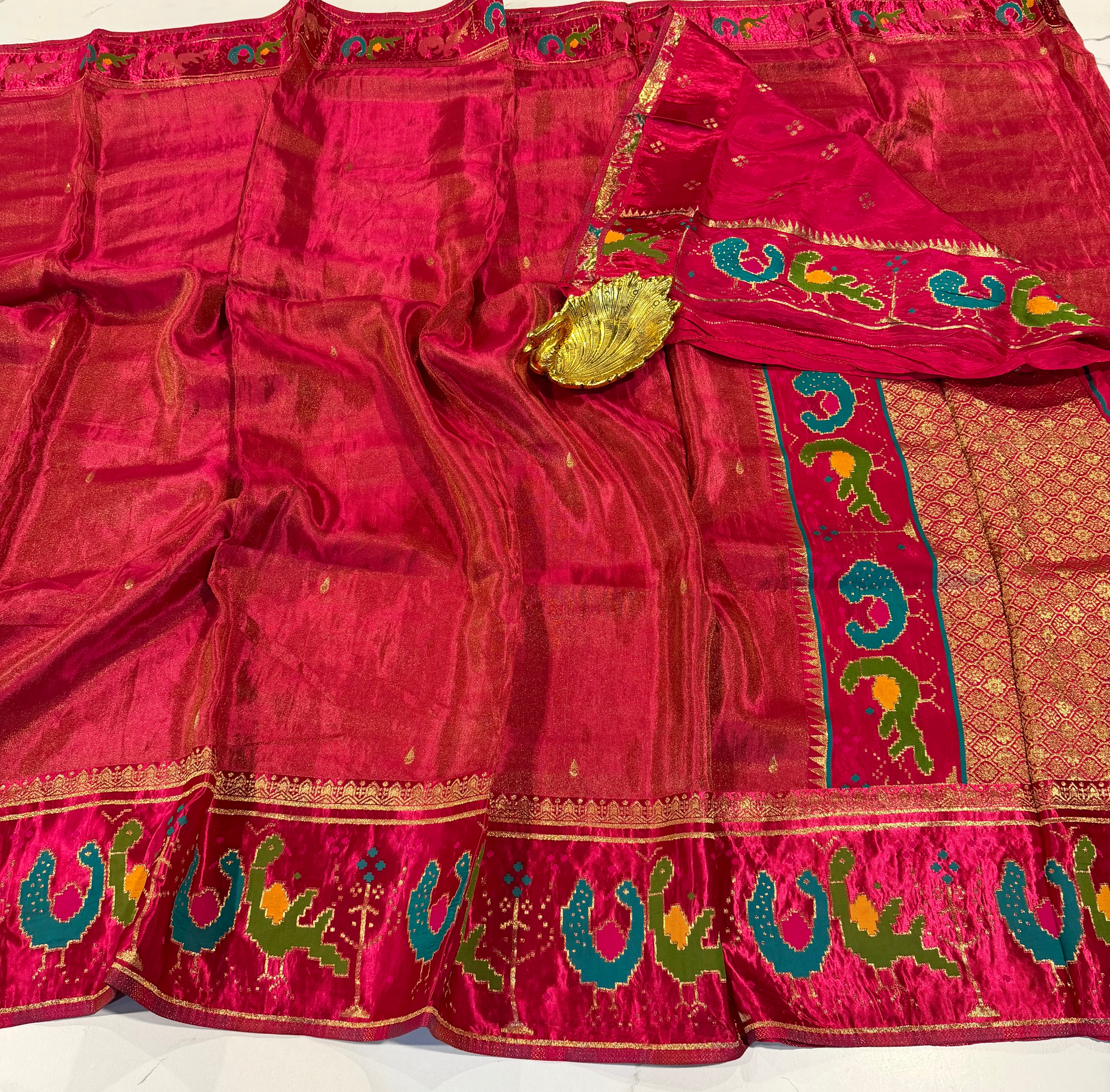 T-2998 Pink banaras tissue Mashru borders saree