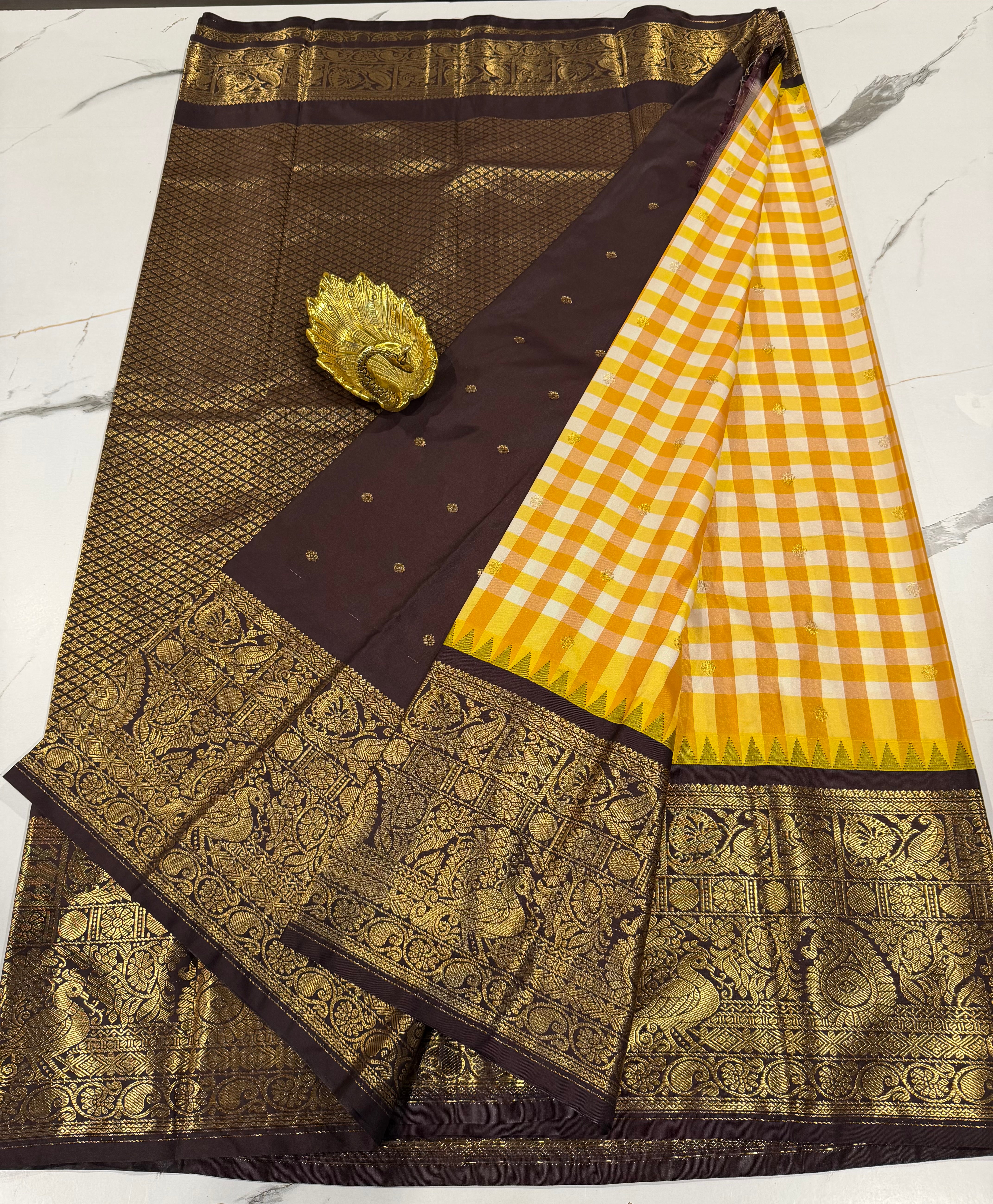 SGC-2800 semi Gadwal checks mustard yellow and brown border saree