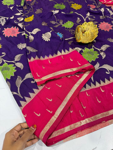 SMJ-1899 violet and ranipink border semi Georgette jamdani saree