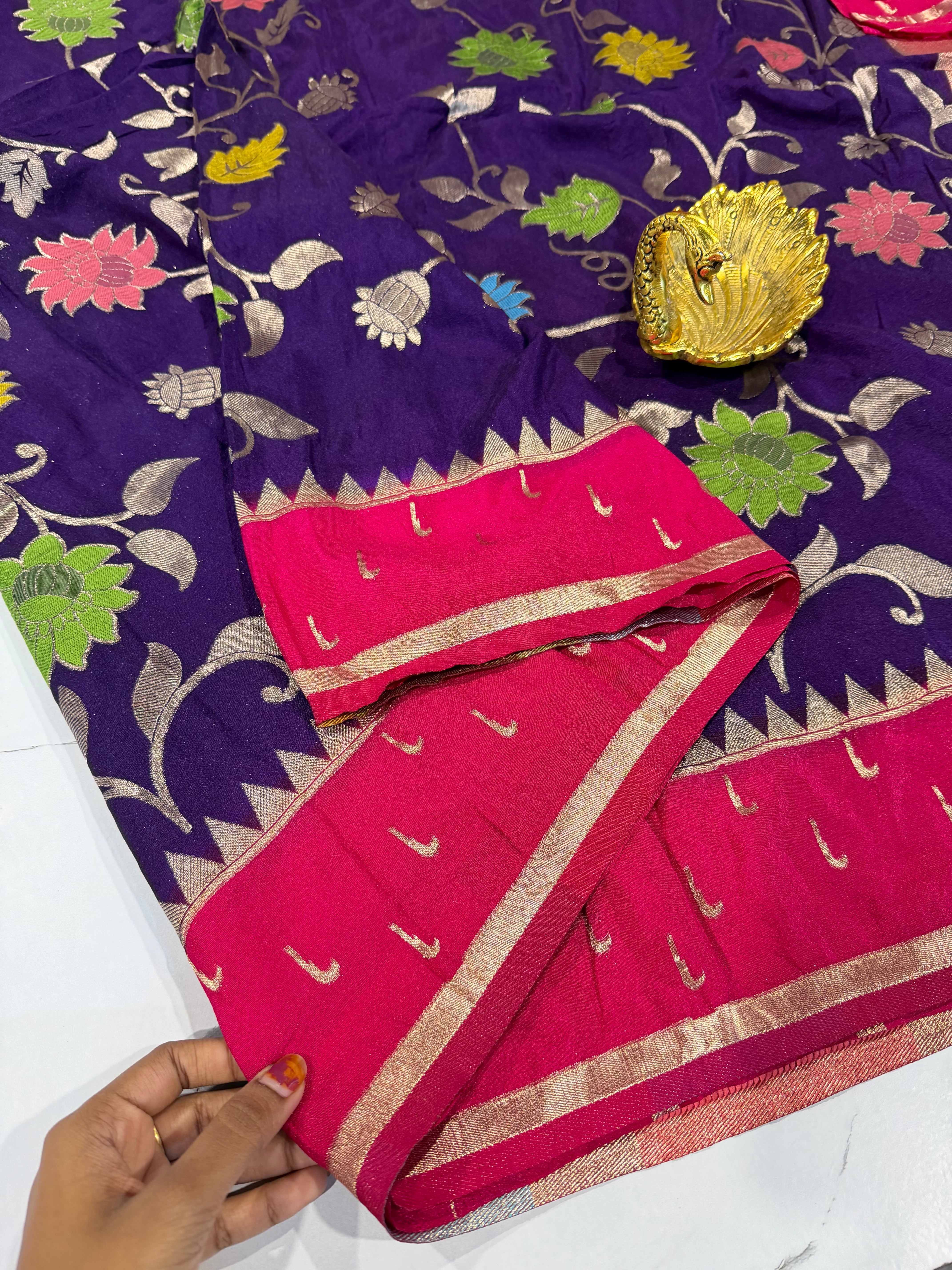 SMJ-1899 violet and ranipink border semi Georgette jamdani saree