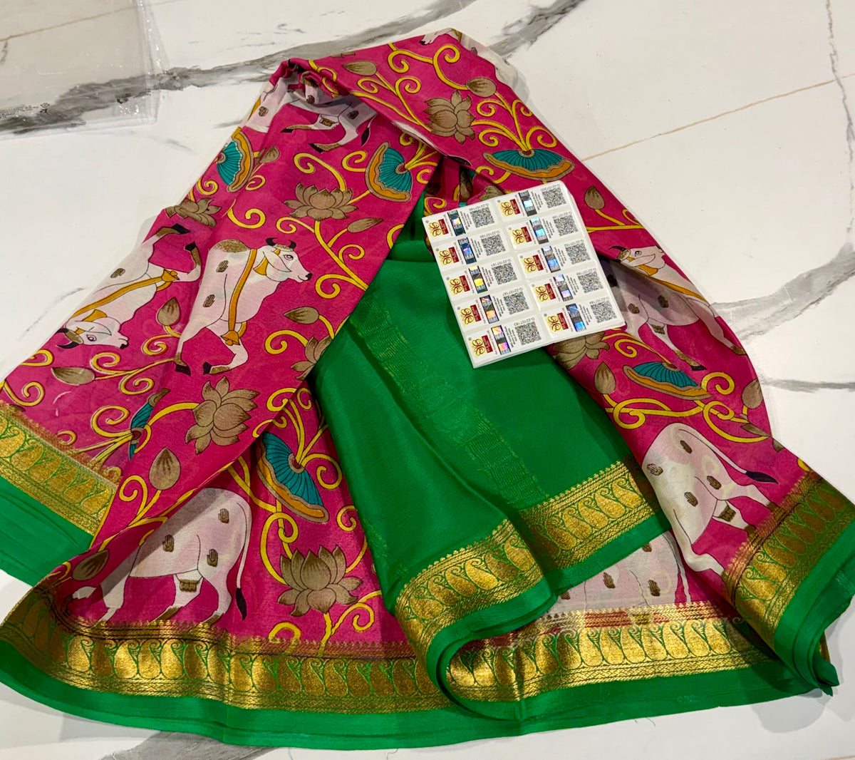 MV-6900 light pink n green colour Mysore pure crepe saree