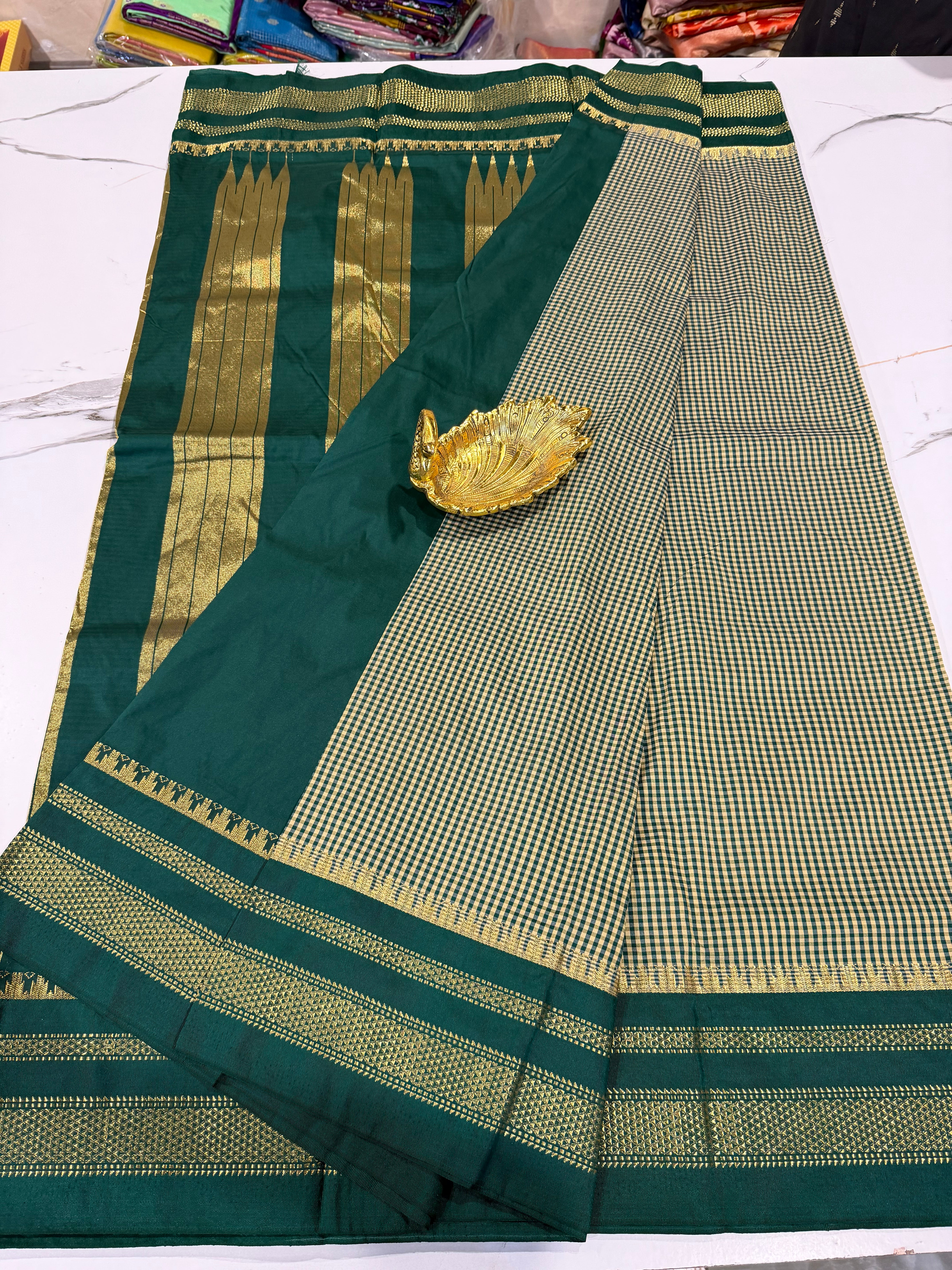 LD-N22 narayanape dark sage n pale yellow checks and deep green border saree