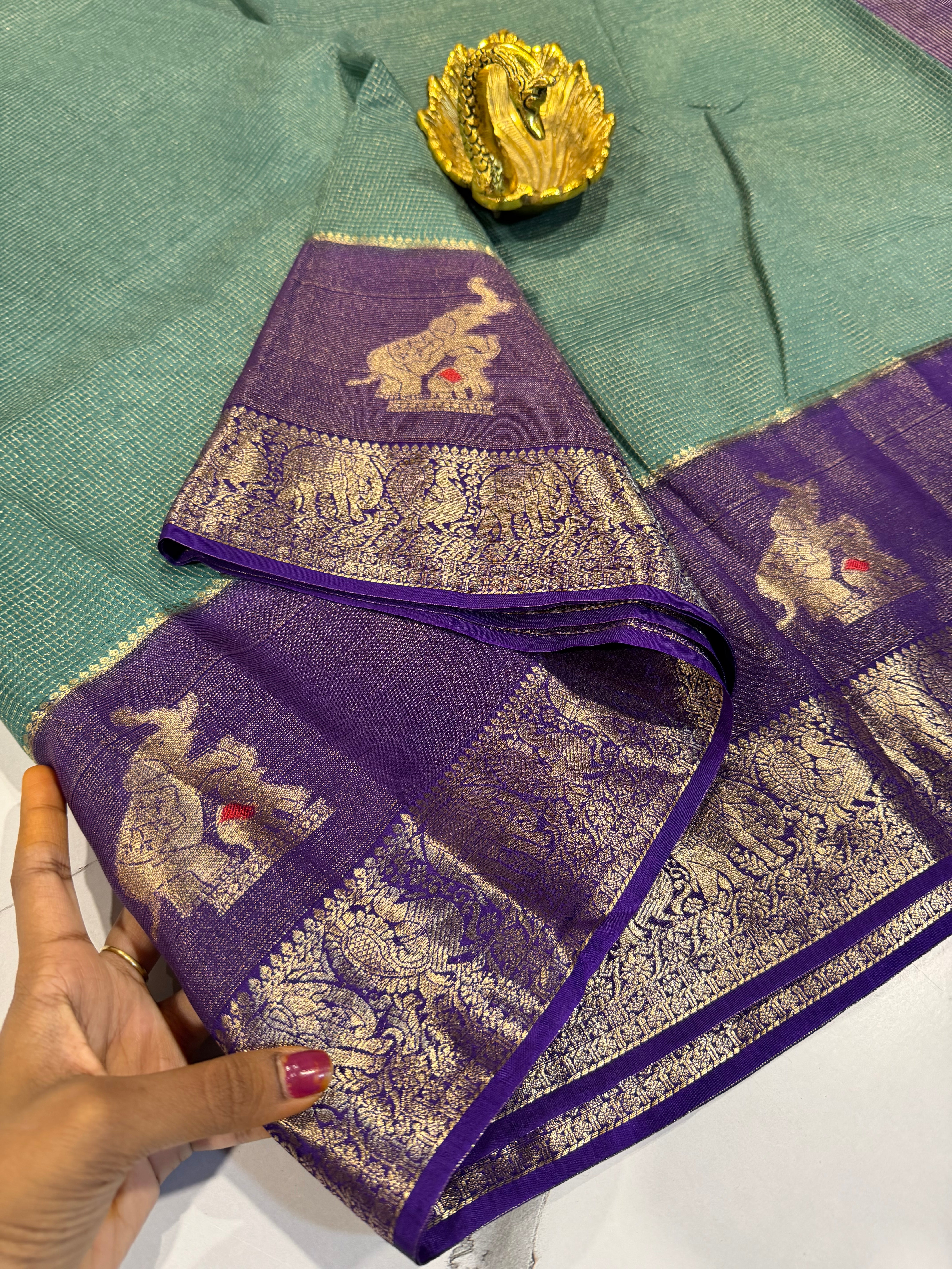VS-27 sage green saree violetborders vintage Kanchi saree