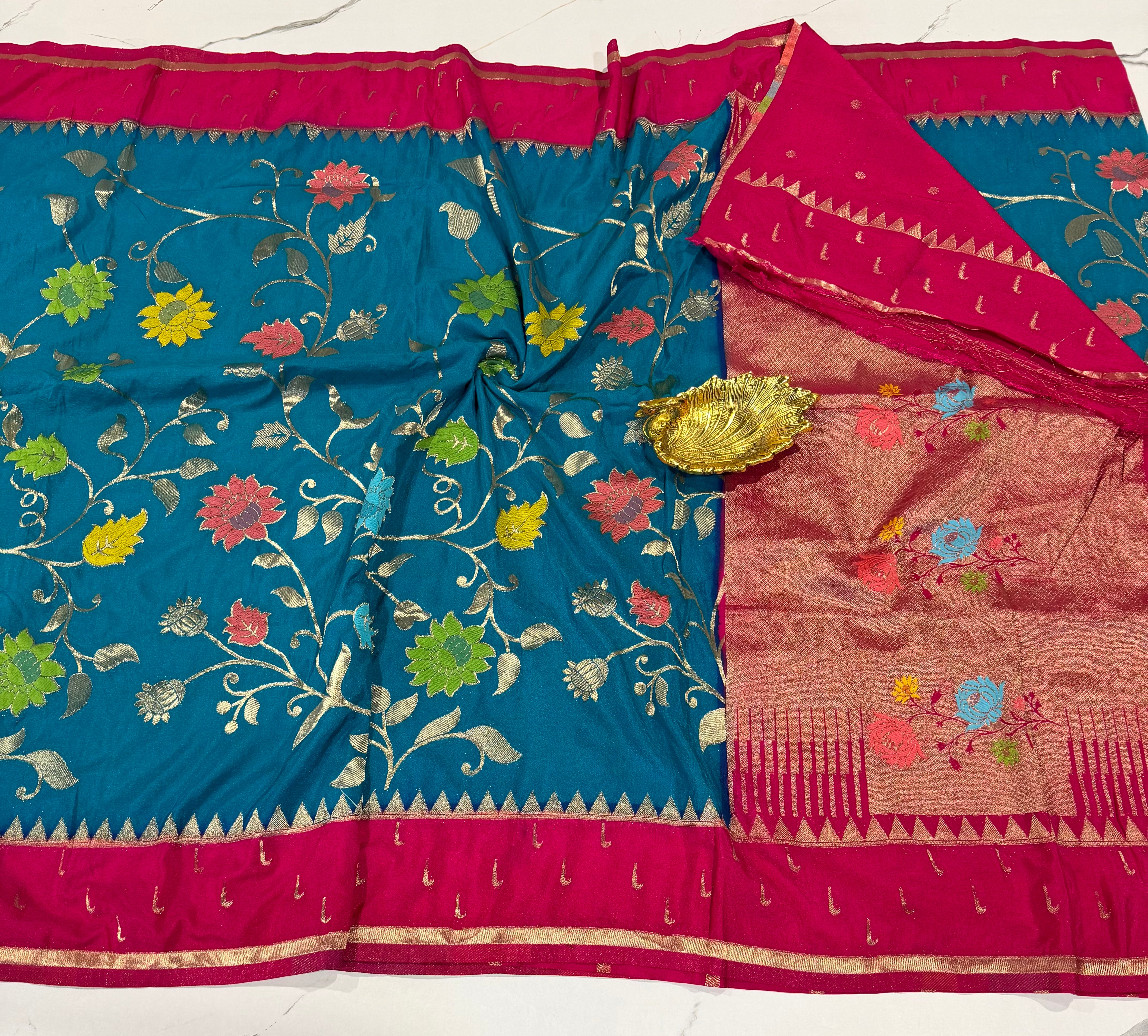 SMJ-1899 Krishna blue and pink border semi Georgette jamdani saree