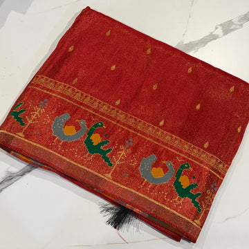 T-2998 Red banaras Kanchi tissue Mashru borders saree