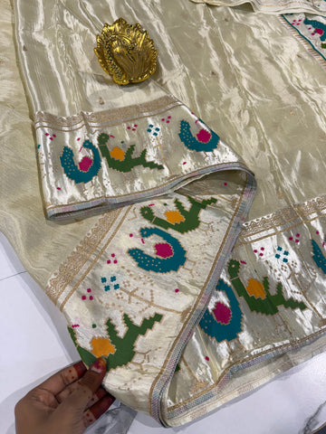 T-2998 cream banaras tissue Mashru borders saree