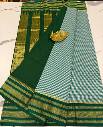 LD-N22 narayanape grass green n white checks and dark green border saree