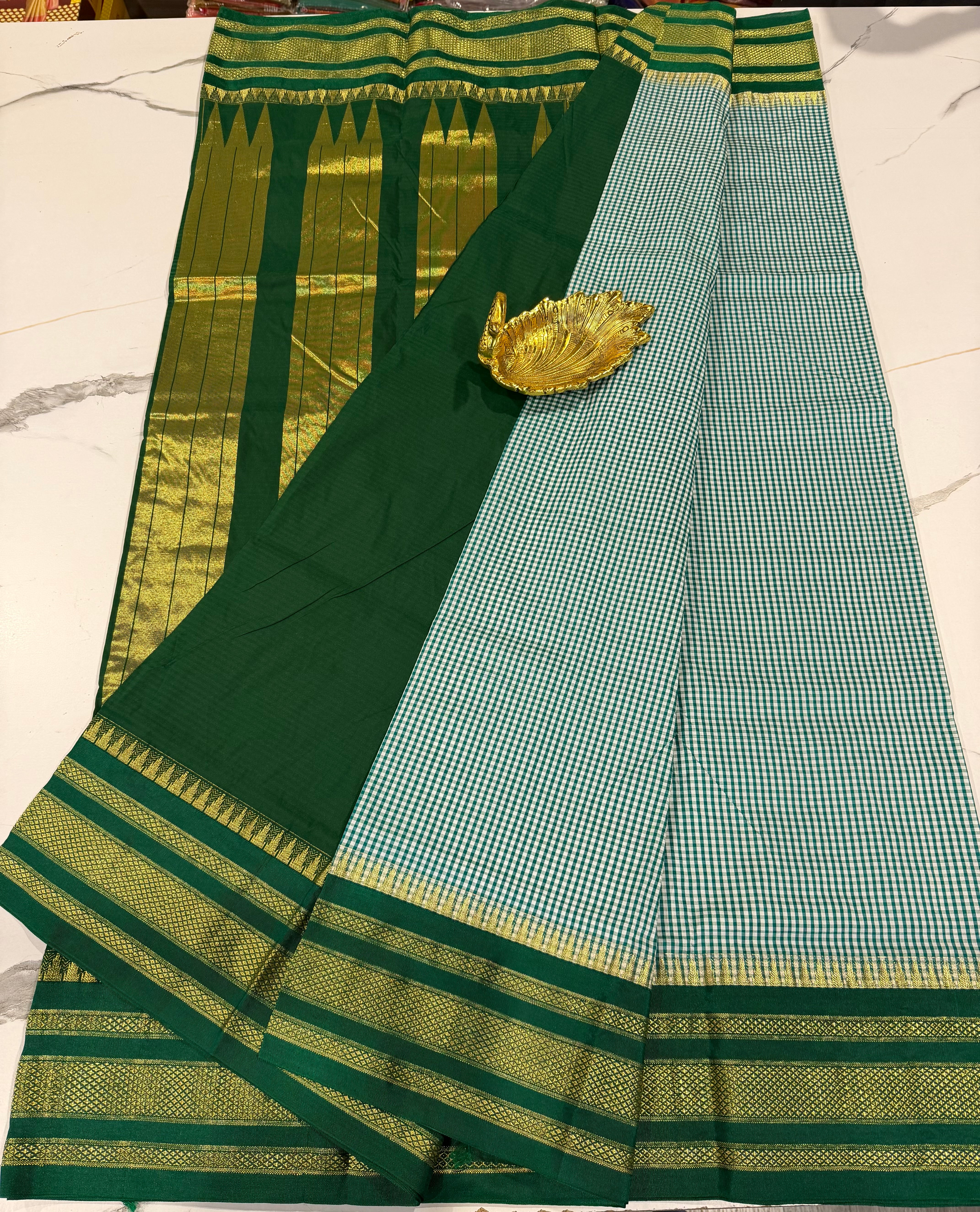 LD-N22 narayanape grass green n white checks and dark green border saree